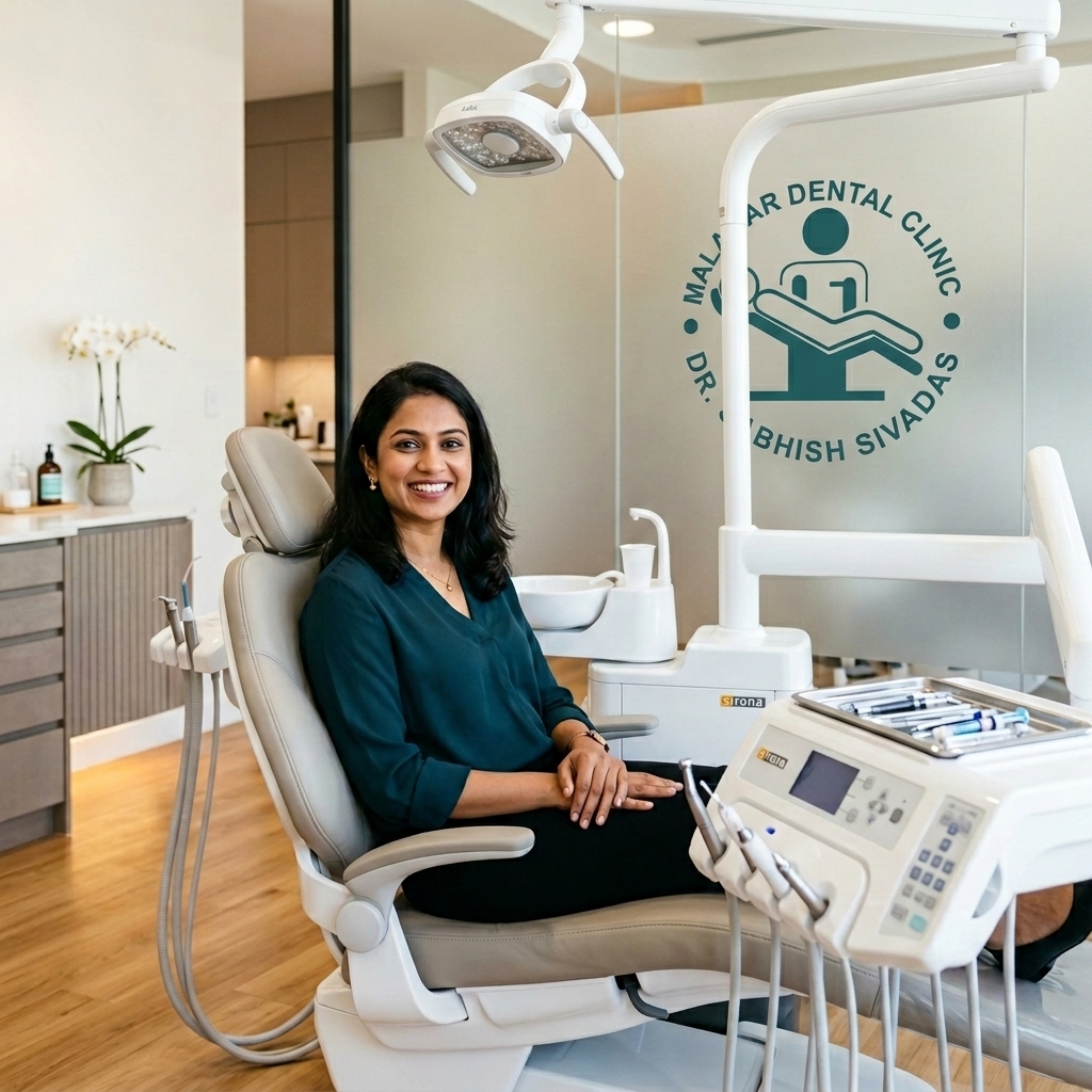 Smiling patient sitting in modern dental chair at Malabar Dental Clinic Tirurangadi